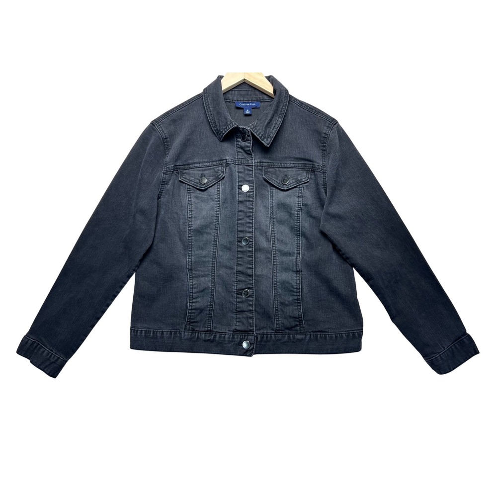 Charter‎ Club Denim Jacket Black Medium Womens Jean Jacket laced sleeves